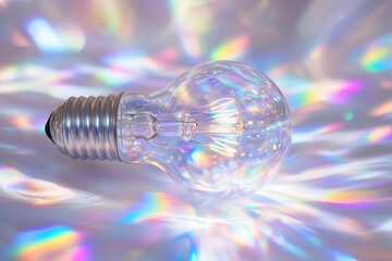 Wall Mural - crystal clear light bulb floating in ethereal space, internal filament casting prismatic rainbows, clean minimalist composition with subtle reflections