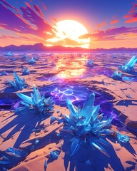 Wall Mural - A desert landscape of melting borax, molten pools, neon skylines, and holographic sun