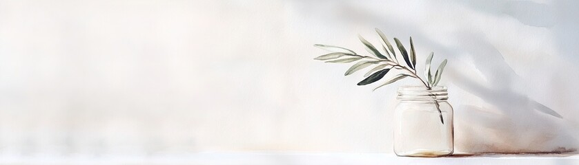 Wall Mural - Soft watercolor artwork features an empty glass jar holding a single olive branch. The light reflects gently off the surfaces, creating a serene atmosphere with soft textures