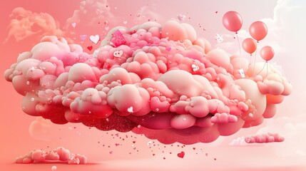 Wall Mural - Dreamy Pink Cloud with Hearts and Balloons for Whimsical Background