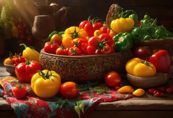 Wall Mural - vibrantly colored ingredients beautifully arranged culinary enthusiasts showcasing feast fresh produce textures, vegetables, herbs, spices, colors, fruits