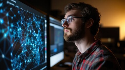 Young programmer analyzing complex data network on a computer screen