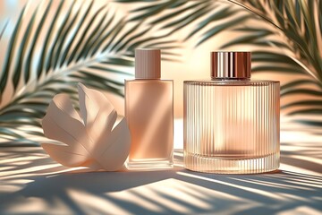 Wall Mural - Two luxury glass perfume bottles with palm leaf shadow, product mockup template.