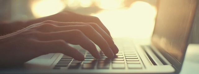 a person is typing on a laptop in a dimly lit room