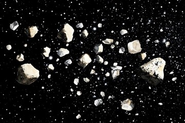 Wall Mural - dramatic space scene showing a dense cluster of detailed asteroids tumbling through the cosmic void, illuminated by distant starlight