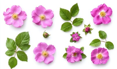 Poster - A set of stunning pink wild rose flowers, buds, and leaves, isolated on a transparent background, featuring colorful magenta floral or garden design elements, presented in a top view / flat lay, as