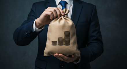 Wall Mural - Wealth Building: Businessman Holding Money Bag with Growing Coin Stacks. Invest, Save, & Grow!