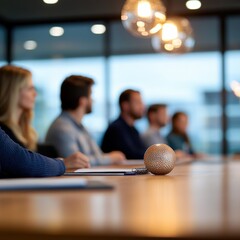 Canvas Print - business meeting with people sitting at a conference table with a decorative ball.