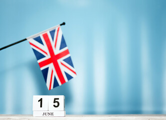 Wall Mural - June Calendar With British Flag With Number  15. Calendar cubes with numbers. Space copy.