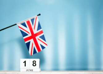 Wall Mural - June Calendar With British Flag With Number  18. Calendar cubes with numbers. Space copy.