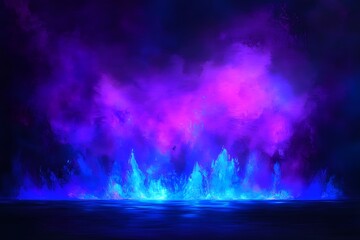 Wall Mural - neon blue flames reflect on dark water, purple smoke backdrop, fantasy scene, game design