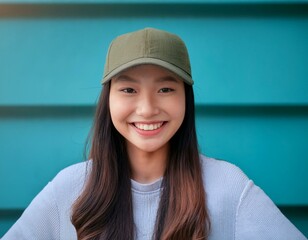 Wall Mural - Generated image Smiling pretty gen z Asian teen girl fashion model looking at camera posing at color wall