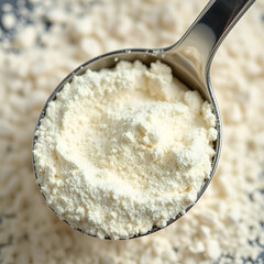 Detailed shot of whey protein powder in a scoop, granular texture, fitness and bodybuilding supplement