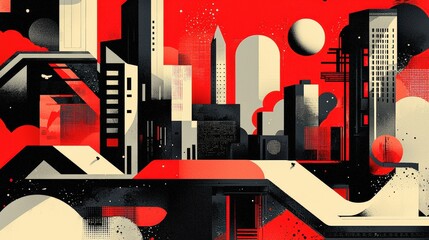 Wall Mural - bold graphic design featuring a skating scene in a vibrant urban landscape with strong lines and abs