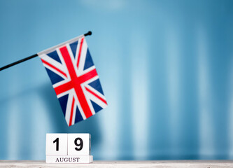 Wall Mural - Calendar August With British Flag With Number 19. Calendar cubes with numbers. Space copy.