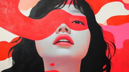 Wall Mural - artistic portrait of a woman with red paint strokes over her face