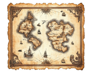 vintage treasure map featuring aged parchment texture, intricate illustrations, and sailing ships. This map evokes sense of adventure and exploration