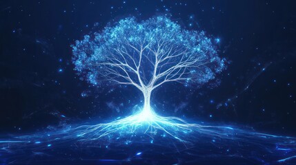 glowing digital tree, energy roots, dark background, website header