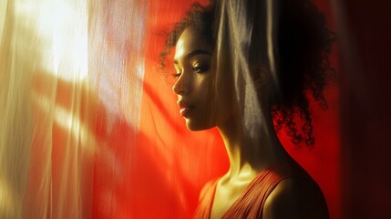 Silhouette of a woman by a vibrant abstract window