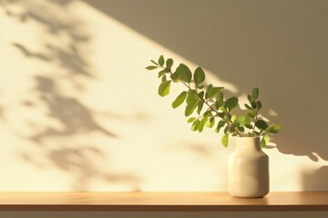 Wall Mural - still life with branch in vase on a shelf and shadow patterns on the wall