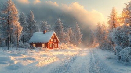 Whimsical Winter Scene Cozy Red Cabin Surrounded by Frosted Pine Trees in Dreamy Atmosphere