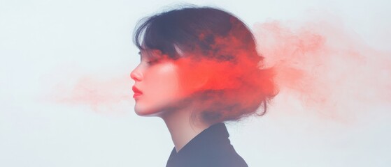 Wall Mural - profile of a woman surrounded by red smoke