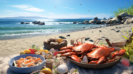 A delectable seafood feast on a sunny beach