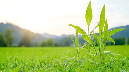 Canvas Print - Fresh green plants growing in a lush field under a bright sky with distant mountains