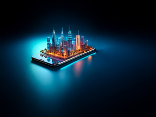 Poster - Futuristic city skyline with glowing skyscrapers sits atop a smartphone screen, set against a dark backdrop. Blue and orange lights illuminate the scene.