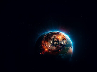 Aufkleber - A digital currency emblem is set on a globe against a dark space scene. The sphere illuminates, implying connection and worldwide scope, representing finance.