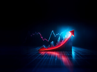 Poster - A vibrant red arrow dynamically ascends over a bar graph against a dark backdrop, symbolizing progress and positive growth with a futuristic glow.