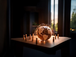 Fototapete - A softly illuminated globe rests on a wooden table, encircled by small wooden figures, suggesting global connection and unity in a warmly lit room.