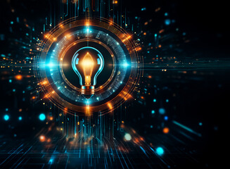 Fototapete - Bright lightbulb emits energy surrounded by glowing digital circuits and bokeh effect, representing innovative technology and futuristic concepts.