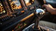 © DigitalSpace - A closeup shot capturing the intricate details of the throttle lever beneath the pilots hand with the reflection of pit lights shimmering on its polished surface creating a dynamic