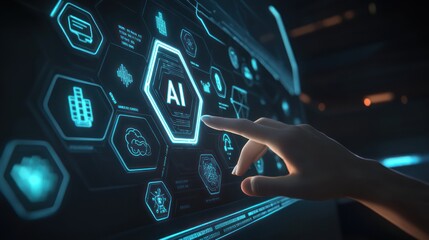 Poster - Futuristic Interface Displaying AI Technology Concepts and Digital Interaction with Touchscreen Elements