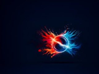 Poster - Vibrant energy bursts in red and blue emanate from a central glowing circle against a dark backdrop, creating a dynamic and abstract design.