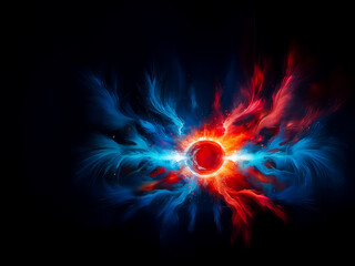Aufkleber - A bright red sphere emits a powerful glow, surrounded by swirling blue and red abstract energy forms on a dark black background.  Fiery and icy contrast.