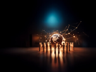 Leinwandbilder - Silhouetted figures encircle a radiant globe, connected by luminous lines in a dark setting, suggesting global networking and collaboration.