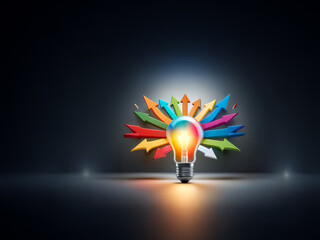 Aufkleber - Illuminated light bulb radiates light in darkness. Colorful arrows point outwards, representing ideas, direction, and choices from a central source.