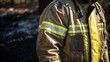 © DigitalSpace - A firefighters reflective jacket glimmers under the sunlight contrasting sharply with the black soot. The intricate details of the fabric and dirt highlight the blend of safety and