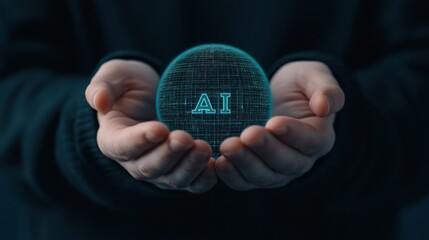 Poster - Hands Holding Futuristic Holographic Sphere with AI Text in a Dark Atmosphere Perfect for Technology Concepts