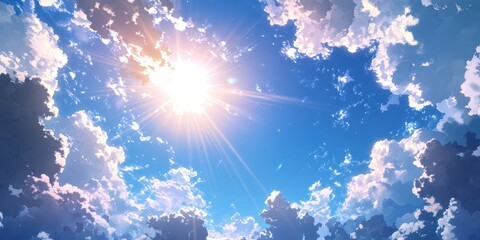 Poster - Bright Sun Rays Shining Down Through Blue Sky with Fluffy White Clouds Illuminating a Peaceful Atmosphere for Nature and Outdoor Photography