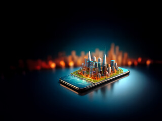 Poster - A miniature futuristic city illuminated with bright lights is showcased on a smartphone screen, set against a dark, blurred background.