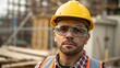 © DigitalSpace - A medium closeup of a construction workers focused face adorned with a hard hat and protective glasses displaying determination and alertness amidst a backdrop of construction