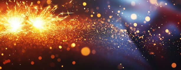 Poster - Sparkling Golden Light on Dark Background with Floating Dust and Shimmering Bokeh Effects