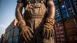 © DigitalSpace - A medium closeup revealing the workers rugged gloves and weathered skin with giant containers looming and casting shadows behind him suggesting long hours and hard work.