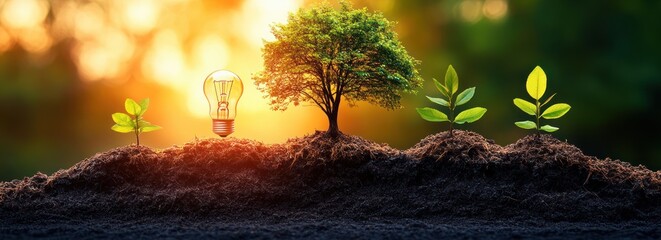 Aufkleber - Growing Ideas: Light Bulb and Green Plants Symbolizing Innovation and Environmental Sustainability