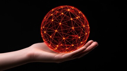 Poster - Abstract glowing globe with interconnected lines held in a person's hand on a dark background