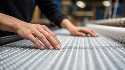 an intense closeup of the textile workers fingers the fabrics surface emphasizing the tactile experi