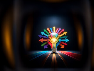 Aufkleber - A bright lightbulb radiates colorful arrows in a dark space, symbolizing ideas spreading in various directions. This image represents innovation and solutions emerging from a central point.